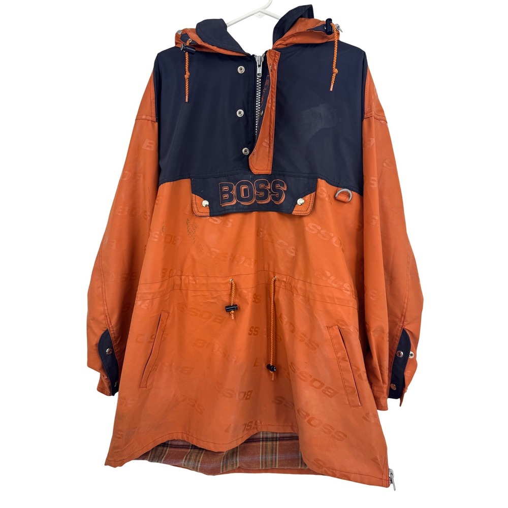 Vintage BOSS Anorak Jacket Mens XXL Orange Navy Blue Logo Print Windbreaker Hood
